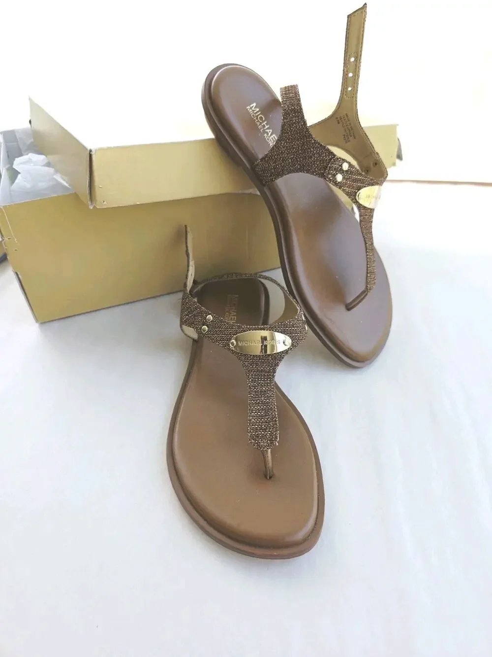 NIB NEW Women's 6.5 MICHAEL KORS Plate Slingback Thong Sandals Monogram Copper